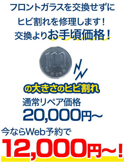 フロントガラスを交換せずにヒビ割れを修理します！交換よりお手頃価格！ 100円玉の大きさのヒビ割れ 通常リペア価格20,000円～のところを、今ならWeb予約で15,000円～！